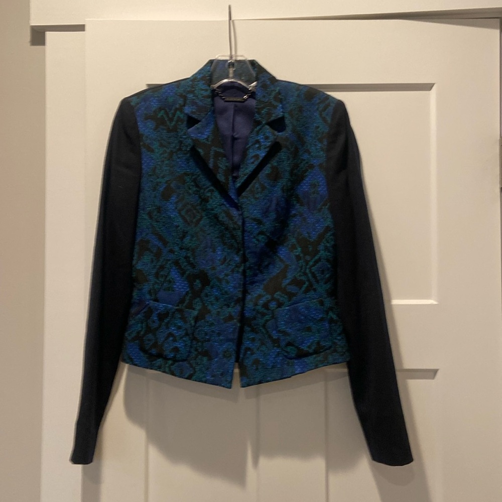Elie Tahari woven brocade blazer - navy and blue and green. Size 4.